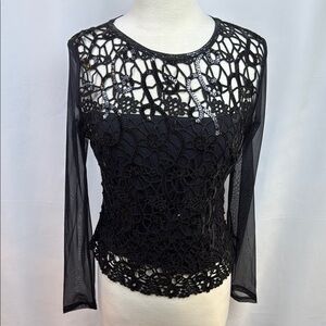 Blushe Black Lace and Sequins Fitted Blouse with Sheer Long Sleeves, Size 12